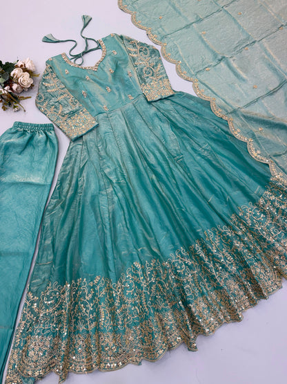 Teal Fendy Silk Embroidery Anarkali Gown with Dupatta