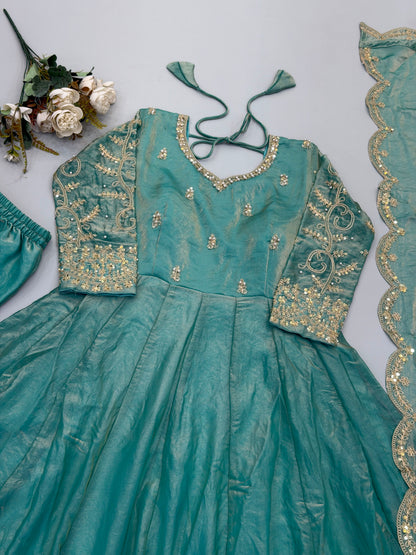 Teal Fendy Silk Embroidery Anarkali Gown with Dupatta