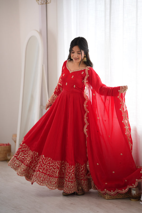 Teal Fendy Silk Embroidery Anarkali Gown with Dupatta