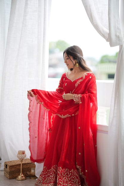 Teal Fendy Silk Embroidery Anarkali Gown with Dupatta