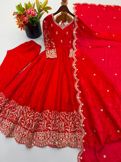 Teal Fendy Silk Embroidery Anarkali Gown with Dupatta