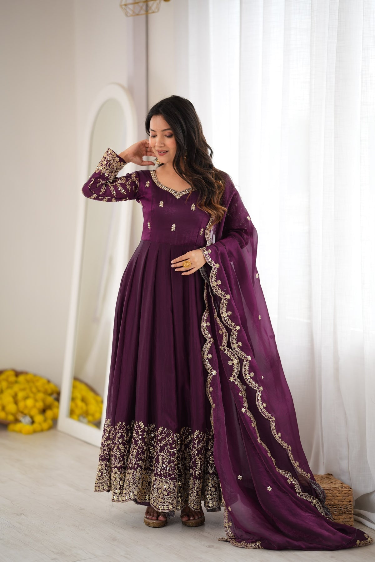Teal Fendy Silk Embroidery Anarkali Gown with Dupatta