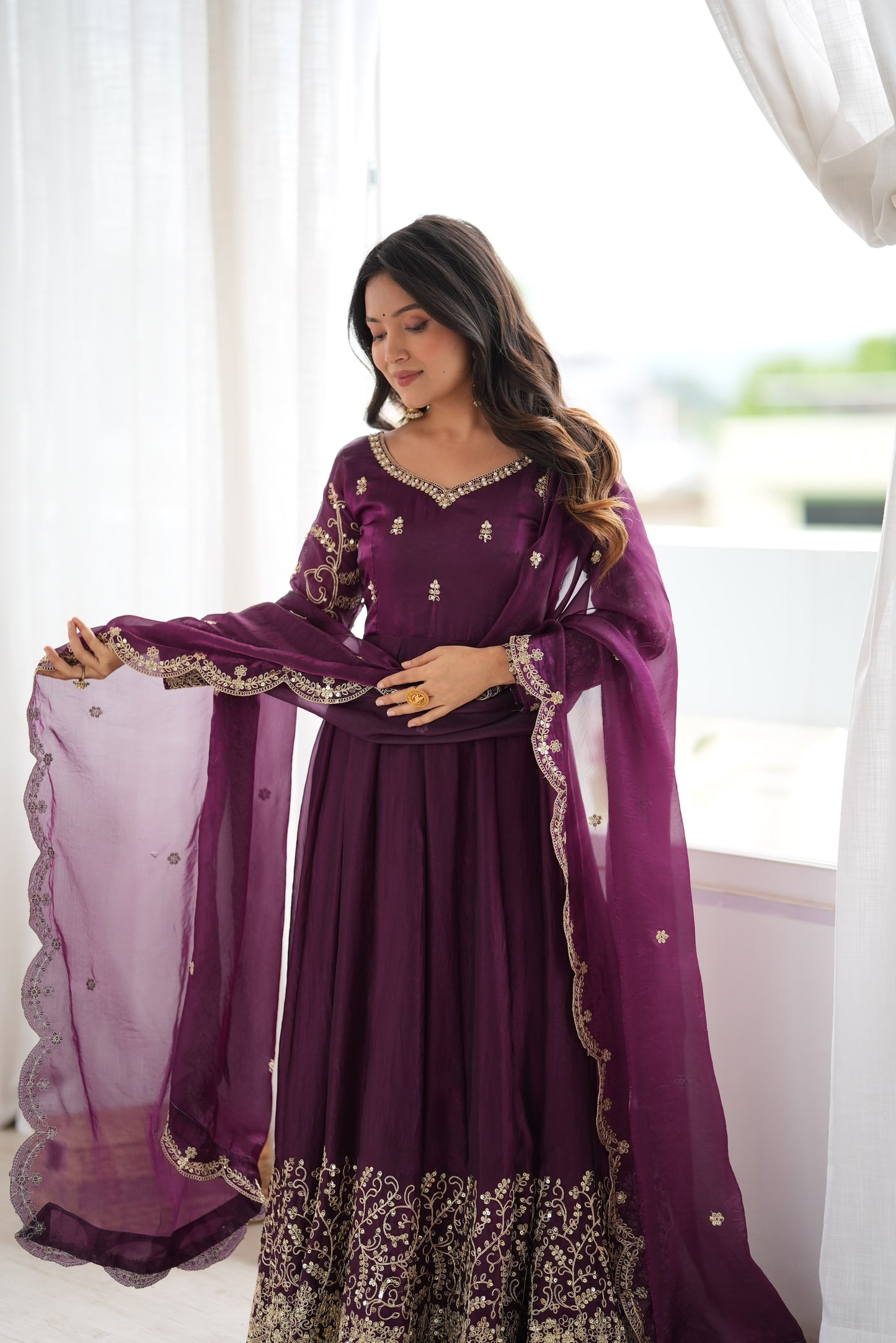Teal Fendy Silk Embroidery Anarkali Gown with Dupatta