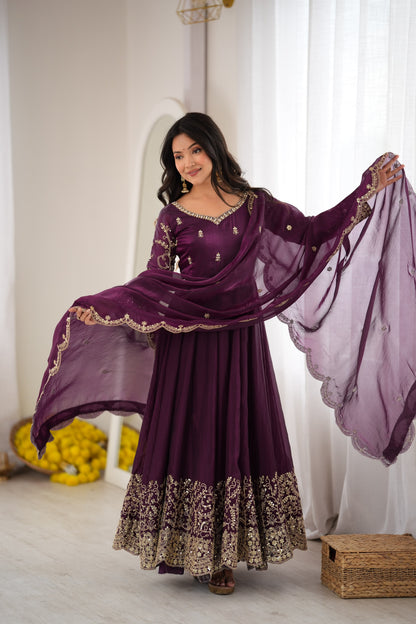 Teal Fendy Silk Embroidery Anarkali Gown with Dupatta