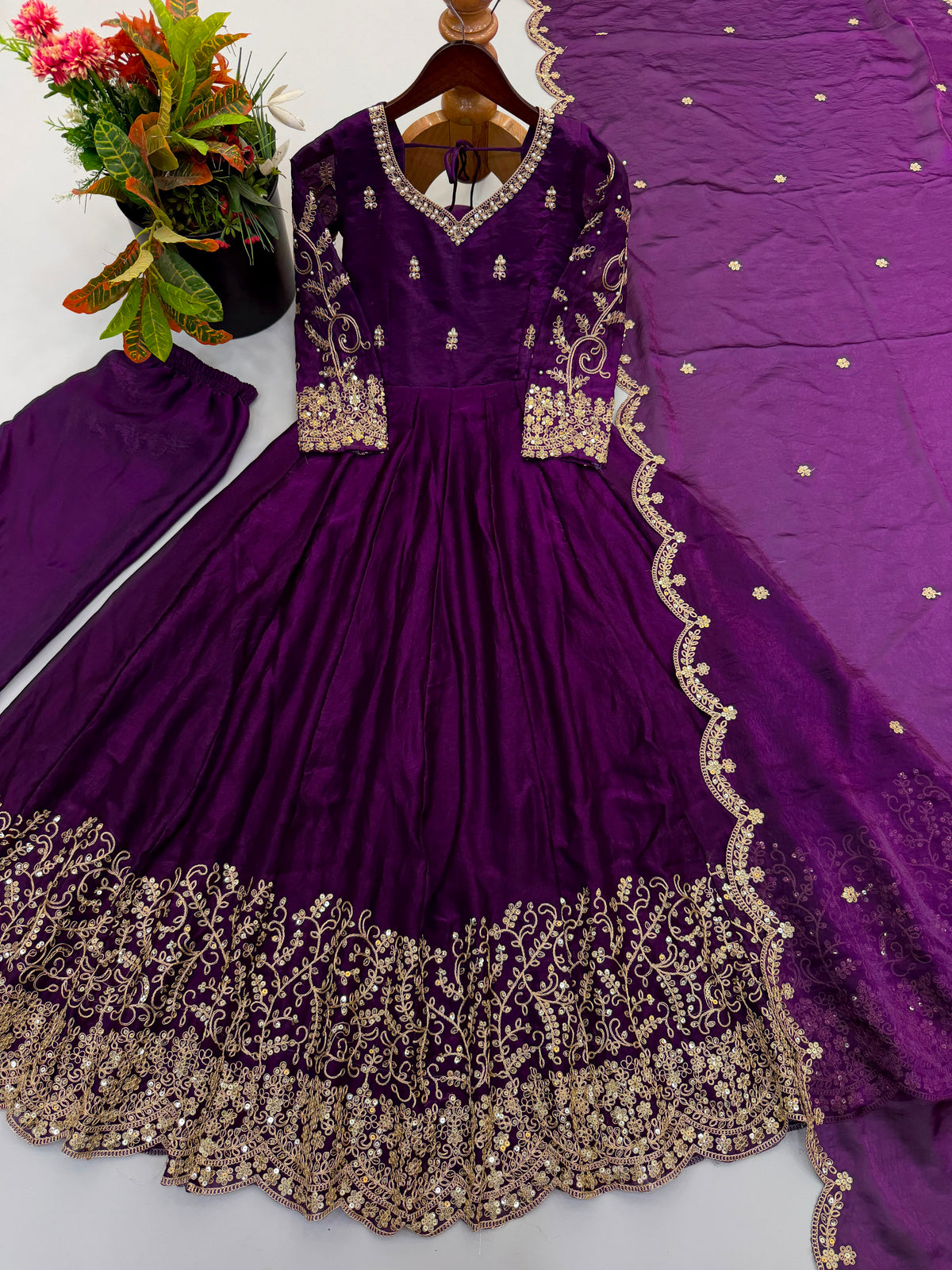 Teal Fendy Silk Embroidery Anarkali Gown with Dupatta