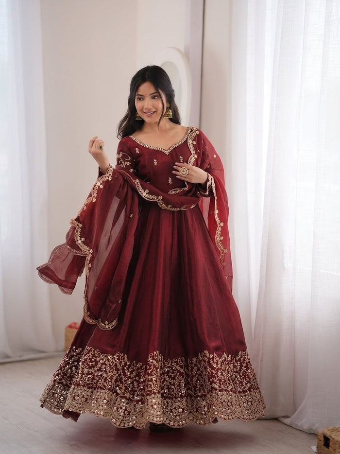 Teal Fendy Silk Embroidery Anarkali Gown with Dupatta