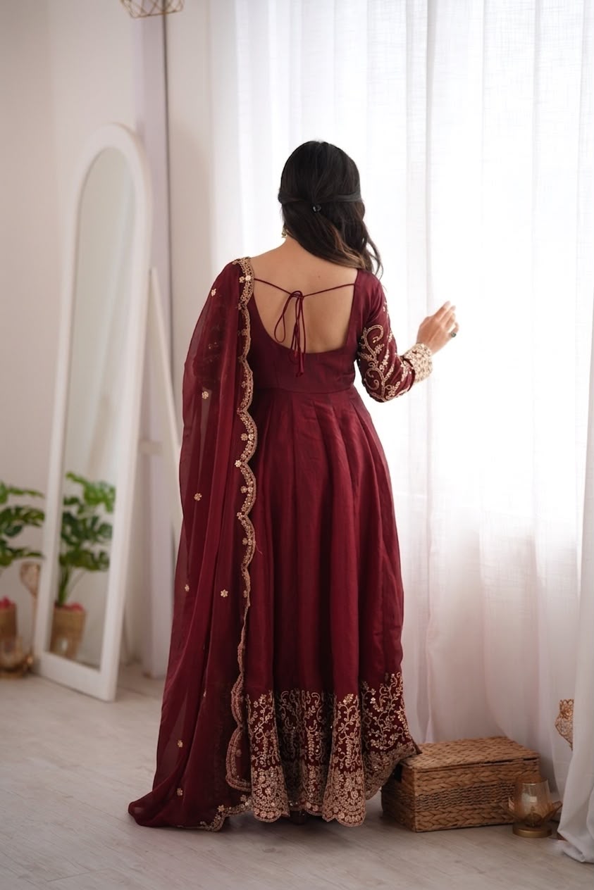 Teal Fendy Silk Embroidery Anarkali Gown with Dupatta