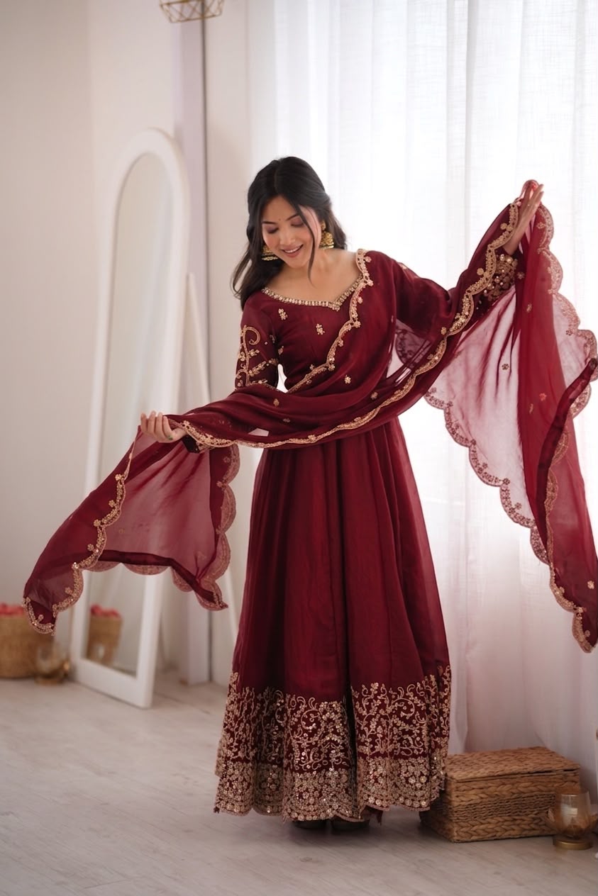 Teal Fendy Silk Embroidery Anarkali Gown with Dupatta