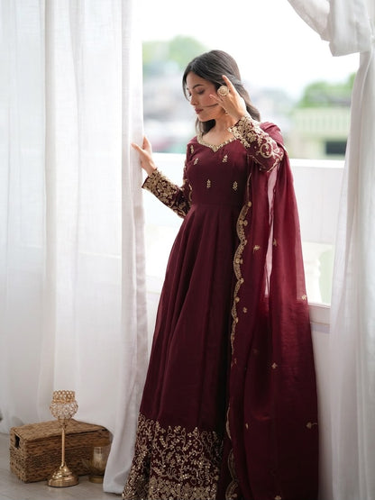 Teal Fendy Silk Embroidery Anarkali Gown with Dupatta