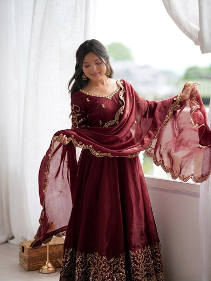 Teal Fendy Silk Embroidery Anarkali Gown with Dupatta