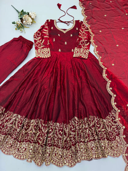 Teal Fendy Silk Embroidery Anarkali Gown with Dupatta
