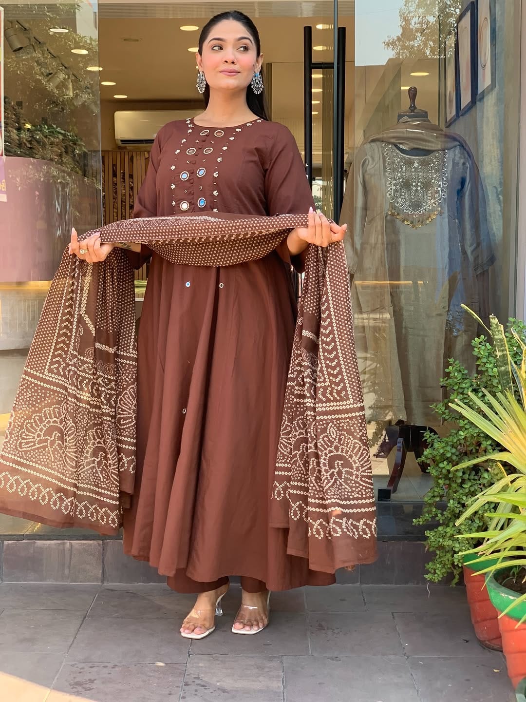 Coffee Brown A-Line Kurti Set - Front View