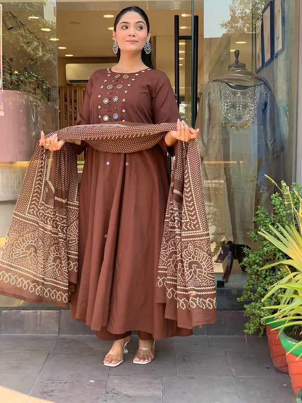 Coffee Brown A-Line Kurti Set - Front View