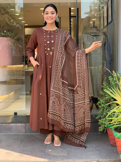 Coffee Brown A-Line Kurti Set - Side View