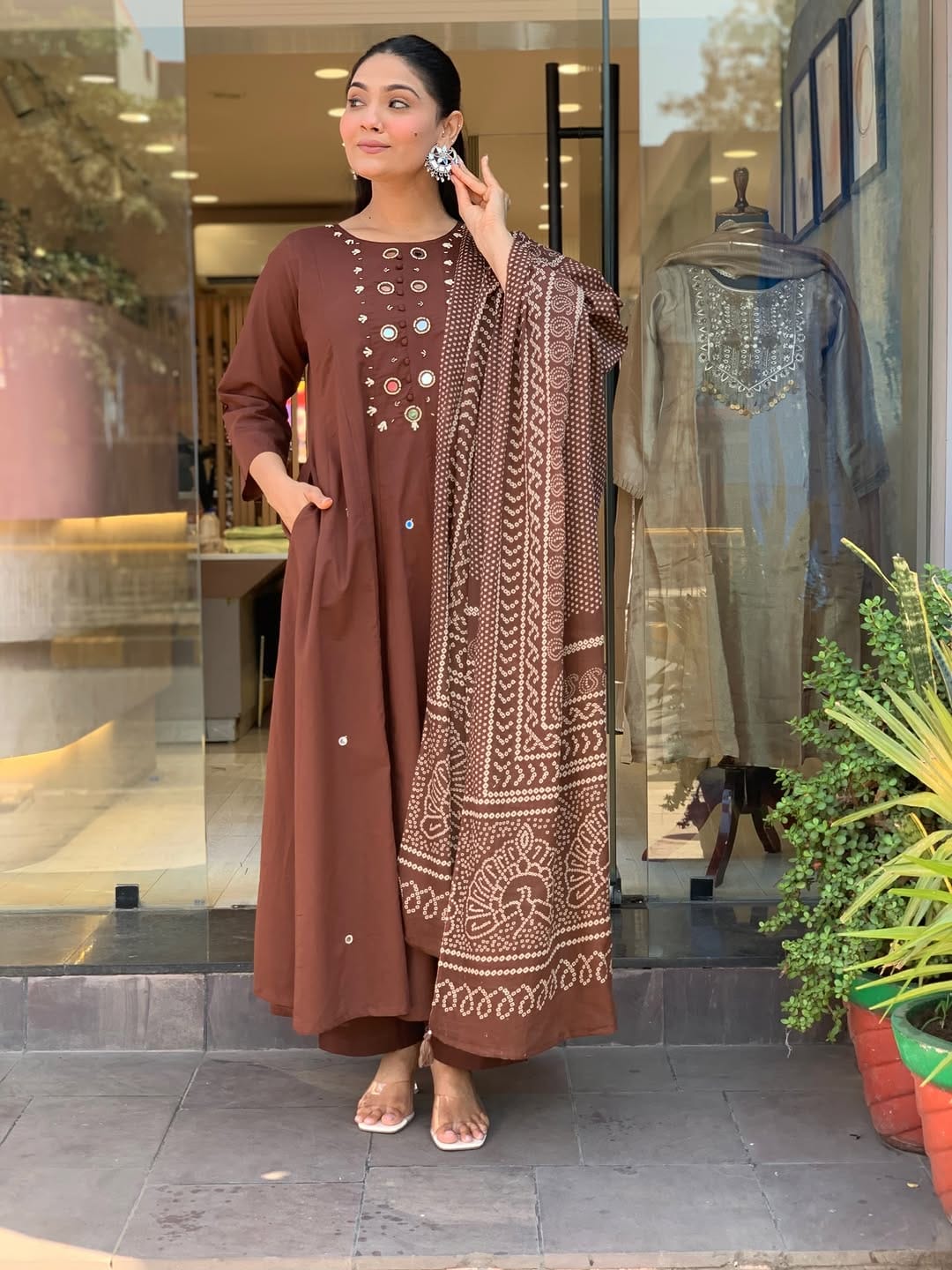 Coffee Brown A-Line Kurti Set - Full Length