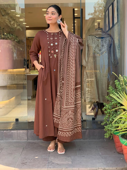 Coffee Brown A-Line Kurti Set - Full Length