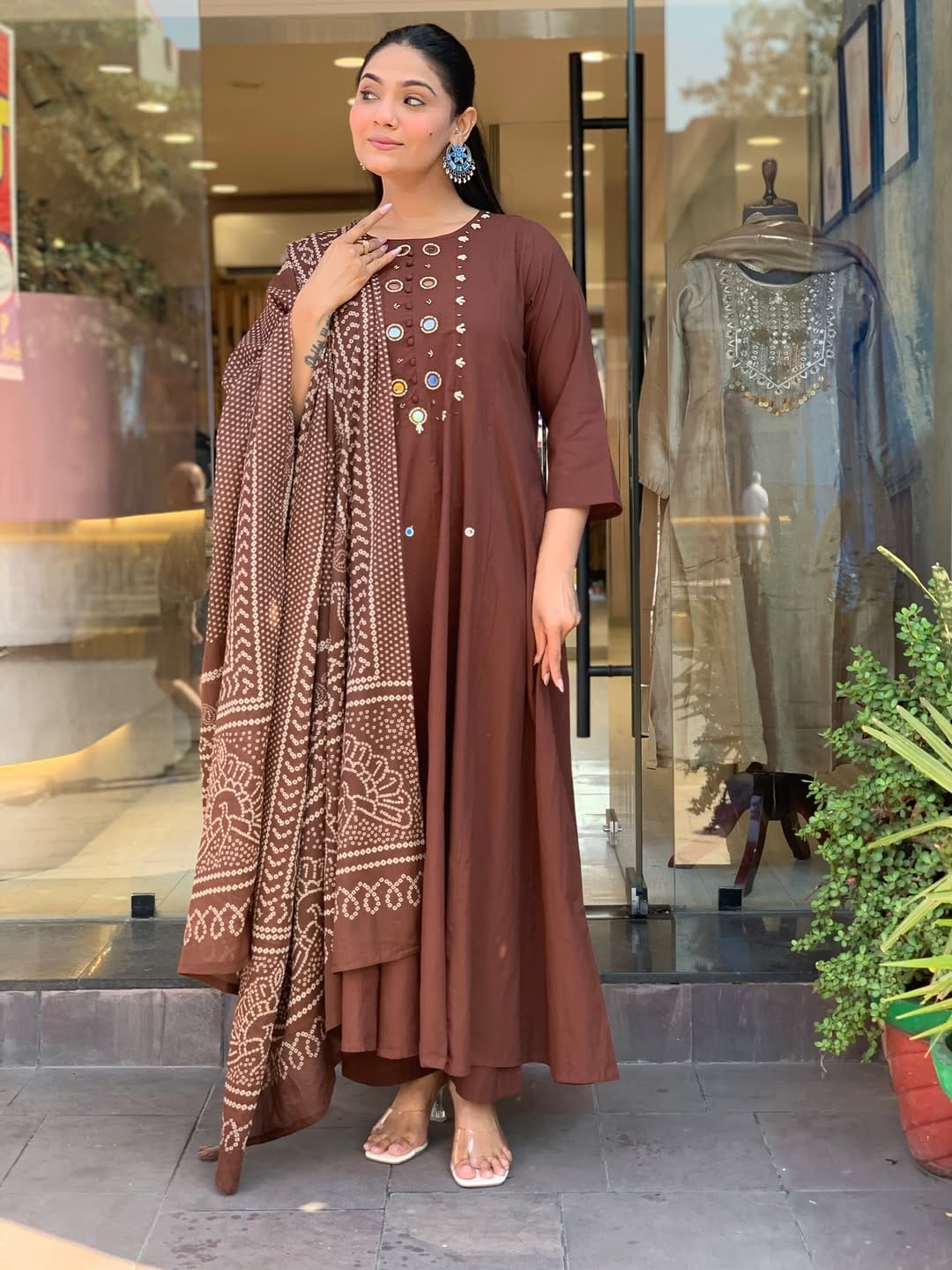 Coffee Brown A-Line Kurti Set - Dupatta Detail