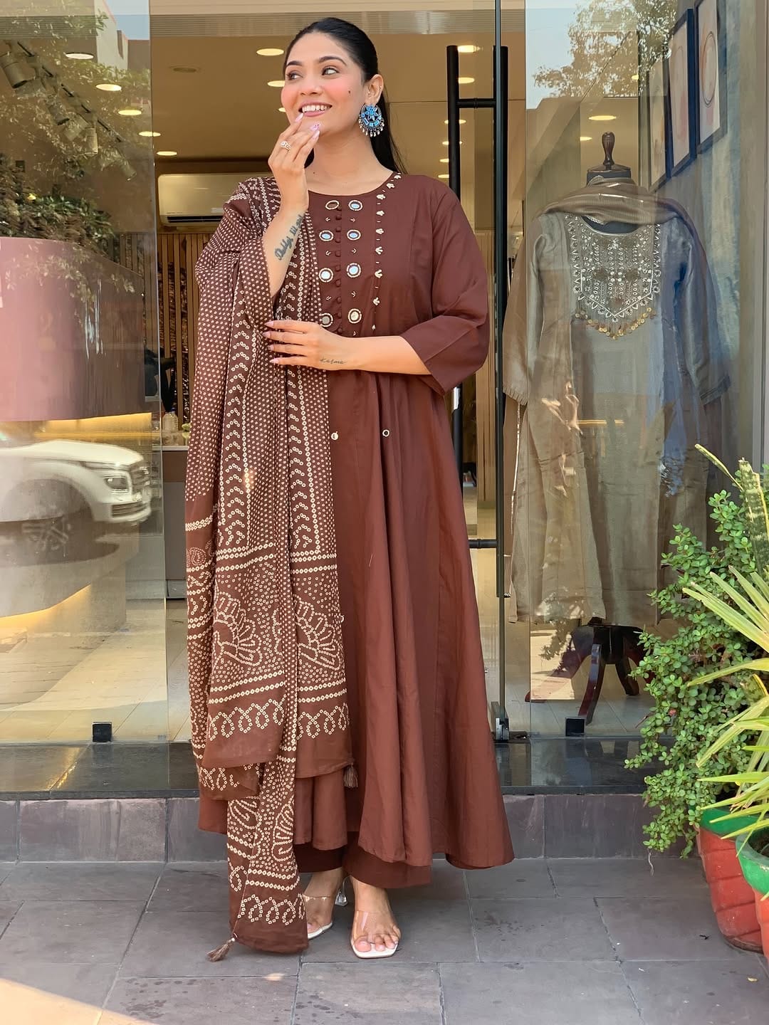 Coffee Brown A-Line Kurti Set - Holding Dupatta