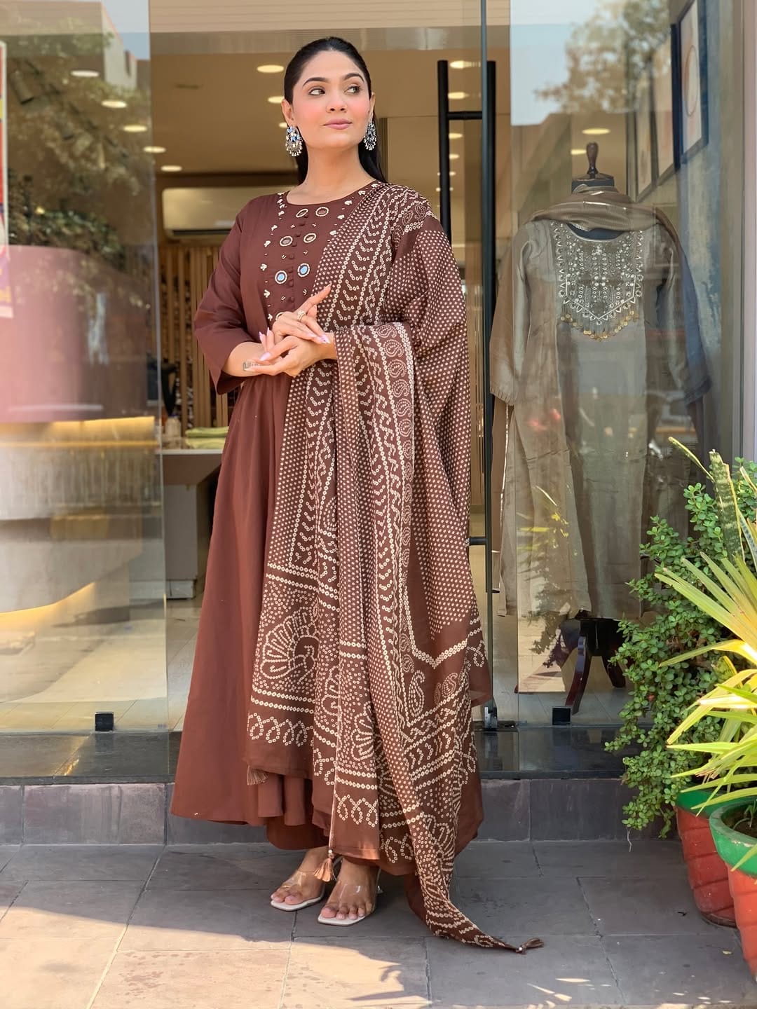 Coffee Brown A-Line Kurti Set - Full Outfit