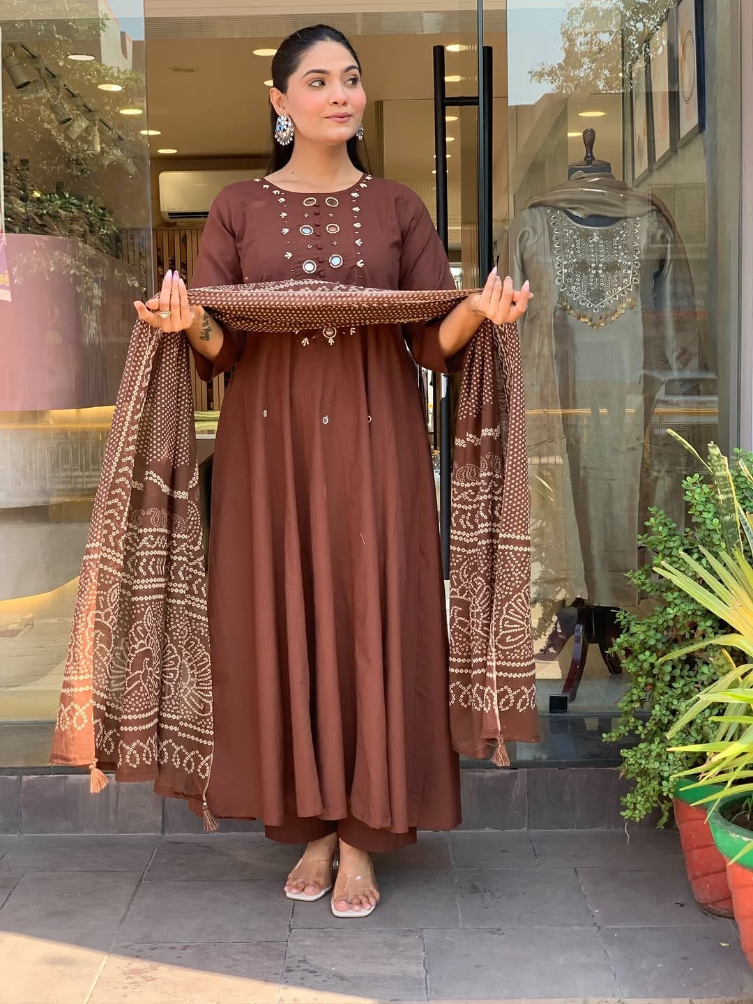 Coffee Brown A-Line Kurti Set - Smiling Pose