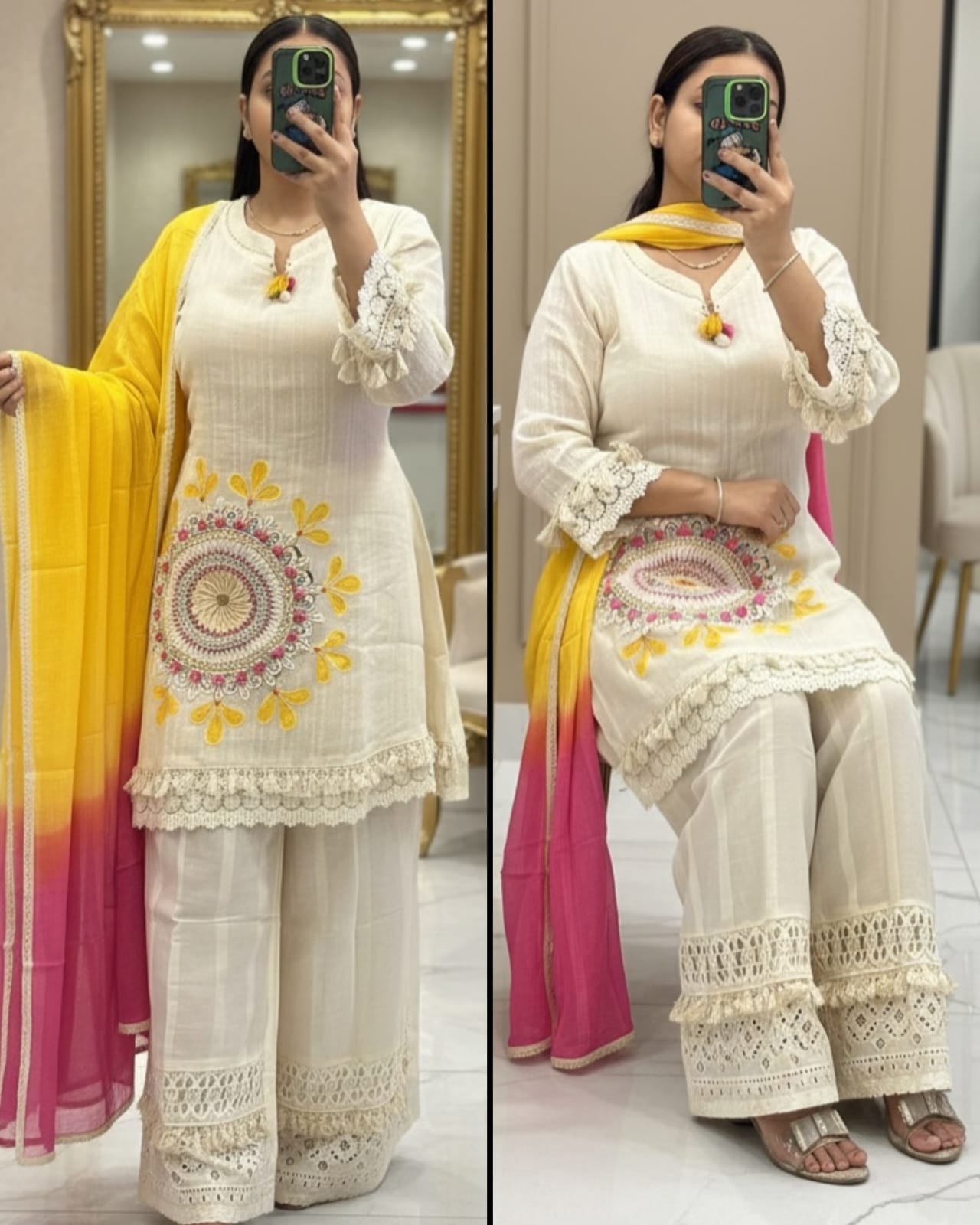 Pure Cotton Embroidered Party Wear Set Off White - Sitting View