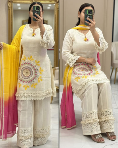 Off White Cotton Shiffly Suit Set - Full Length