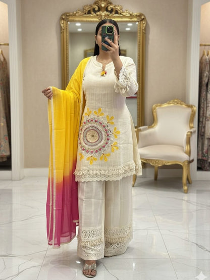 Pure Cotton Embroidered Party Wear Set Off White - With Yellow Dupatta