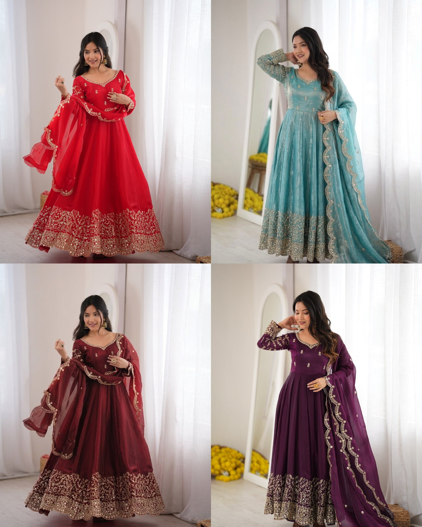 Teal Fendy Silk Embroidery Anarkali Gown with Dupatta