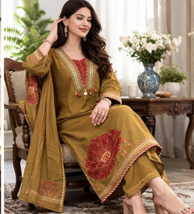 Beautiful cotton fabric kurti pant dupatta.