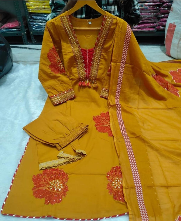 Beautiful cotton fabric kurti pant dupatta.